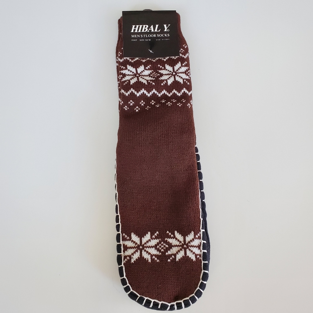 HIBAL Y mens floor knitted snow flakes brown socks NWT